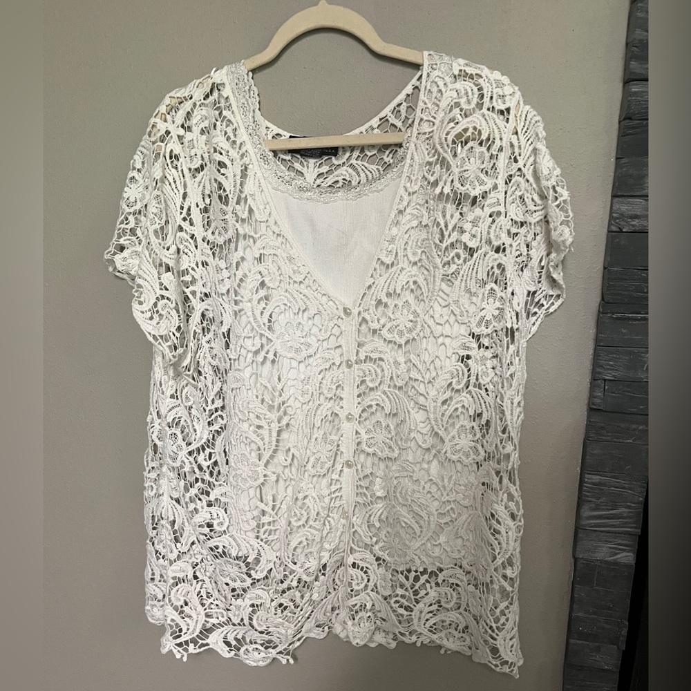 Elegant White Crochet Lace Button Front Short Sleeve Top